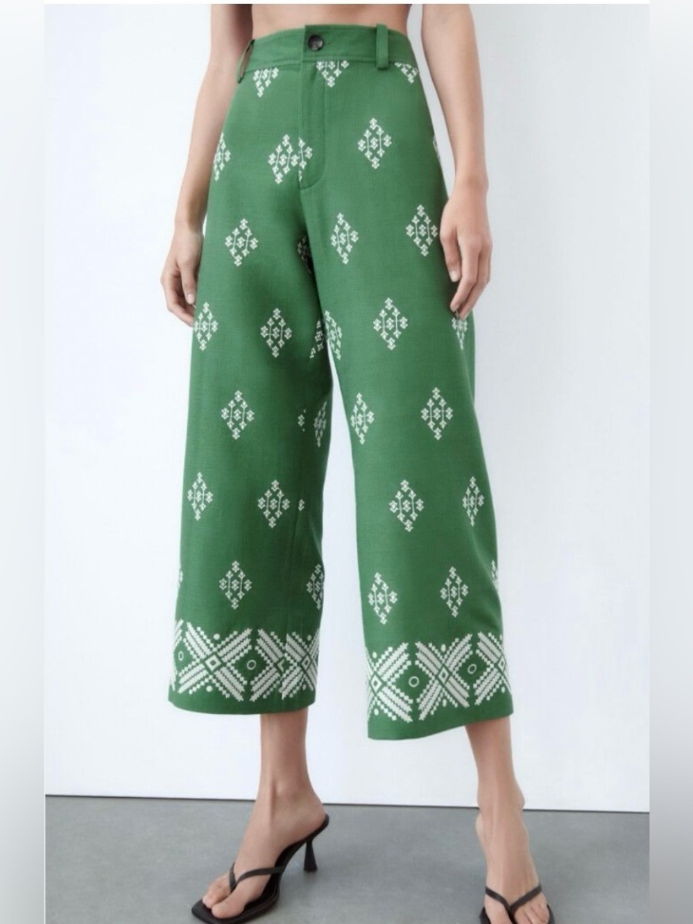 ZARA Embroidered Linen Wide-Leg Cropped Pants